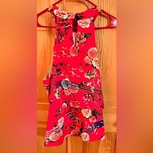 Isle Red Floral Halter Neck Top Chiffon Layered Tropical Boho Summer Vacation XL
